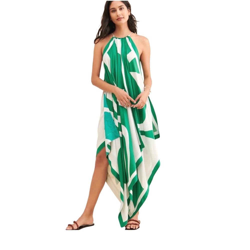 Anthropologie Let Me Be Hanky Hem Green White Halter Asymmetrical Dress XS